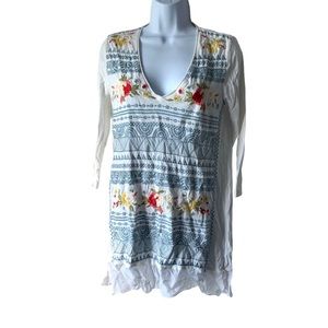 Johnny Was Ivory Floral Embroidered Tunic Tee Shirt